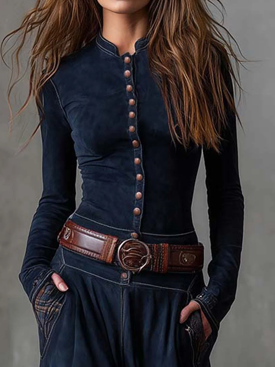 Martina ™ | Vestito lungo vintage in camoscio a quadri blu navy